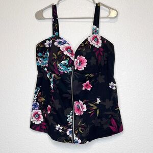 Liberty Love Black Floral Zip Up Fitted Wide Strap Tank Top Plus Size XXL